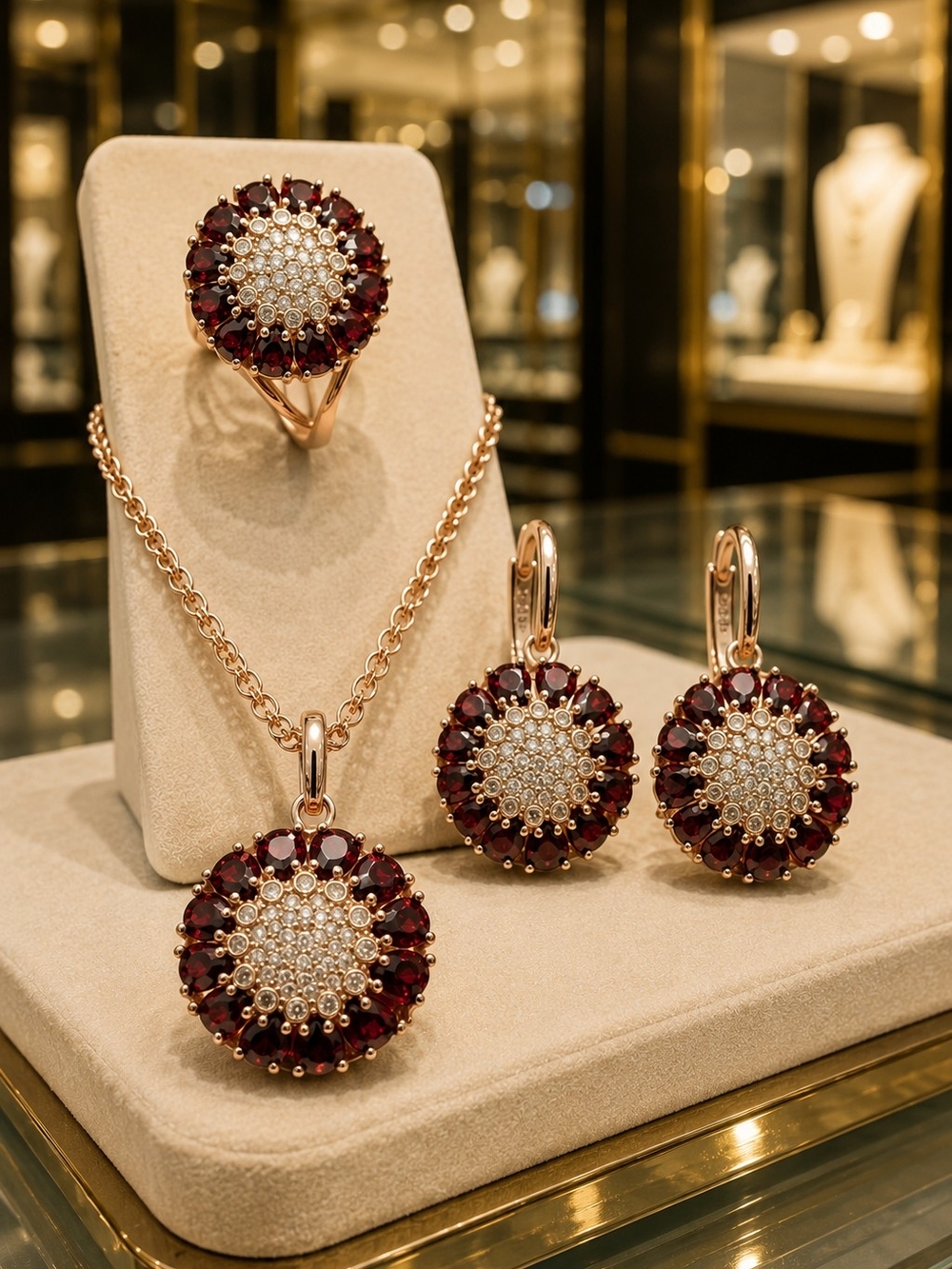 Gold-Plated Burgundy Sunburst Pendant Necklace & Earring Set - Picture 2 of 4